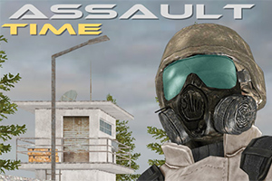 Voják v plynové masce stojí před strážní věží s nápisem Assault Time nahoře