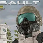 Voják v plynové masce stojí před strážní věží s nápisem Assault Time nahoře