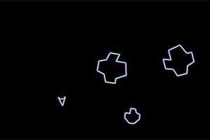 Černé pozadí s různě velkými bílými geometrickými tvary připomínajícími asteroidy a malý trojúhelníkový útvar