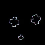 Černé pozadí s různě velkými bílými geometrickými tvary připomínajícími asteroidy a malý trojúhelníkový útvar