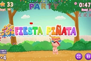 Barevná scéna s nápisem Fiesta Piñata nad postavou držící piñatu, obklopená stromy a dekoracemi