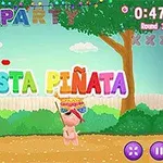 Barevná scéna s nápisem Fiesta Piñata nad postavou držící piñatu, obklopená stromy a dekoracemi