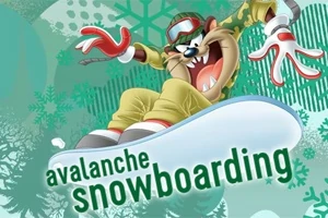 Kreslená postava v brýlích a zimním oblečení sjíždí na snowboardu na pozadí s motivy sněhových vloček a stromů