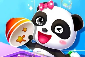 Usměvavá kreslená panda s růžovou mašlí, která drží barevnou misku na modrém pozadí