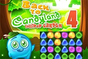 Postavička s modrým obličejem vedle hracího pole s barevnými kameny na pozadí lesa a textem „Back to Candyland 4 Lollipop Garden“