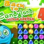 Postavička s modrým obličejem vedle hracího pole s barevnými kameny na pozadí lesa a textem „Back to Candyland 4 Lollipop Garden“