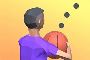 Muž v fialovém tričku drží oranžový basketbalový míč na žlutém pozadí