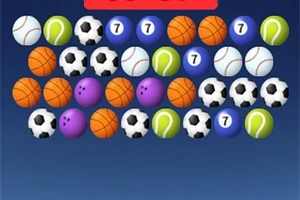 Barevné koule s motivy sportovních míčů a čísla sedm uspořádané v řadách na modrém pozadí