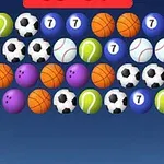 Barevné koule s motivy sportovních míčů a čísla sedm uspořádané v řadách na modrém pozadí