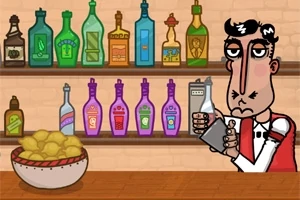 Barman v červené vestě míchá drink, za ním jsou láhve alkoholu a miska s citrony