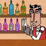 Barman v červené vestě míchá drink, za ním jsou láhve alkoholu a miska s citrony
