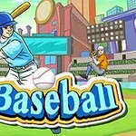Ilustrace baseballového hráče s modrou čepicí a pálkou na stadionu s nápisem Baseball v popředí