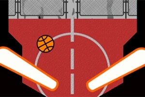 Červené basketbalové hřiště s basketbalovým míčem a dvěma oranžovými pálkami