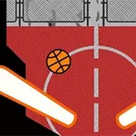 Červené basketbalové hřiště s basketbalovým míčem a dvěma oranžovými pálkami