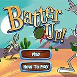 Kreslený králík s baseballovou pálkou, kaktusy, pouštní pozadí a nápisy Play a How to Play