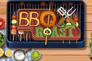 Gril s písmeny, které tvoří slova BBQ a ROAST ze zeleniny a masa, obklopený grilovacími kleštěmi a dalšími ingrediencemi na dřevěném stole