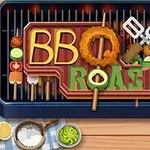 Gril s písmeny, které tvoří slova BBQ a ROAST ze zeleniny a masa, obklopený grilovacími kleštěmi a dalšími ingrediencemi na dřevěném stole