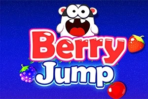 Barevný nápis Berry Jump na modrém pozadí s kreslenou postavičkou a ovocem kolem