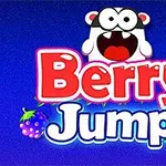 Barevný nápis Berry Jump na modrém pozadí s kreslenou postavičkou a ovocem kolem