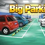 Parkoviště s různými auty a velkým nápisem Big Parking nad nimi