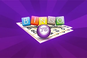 Barevné písmena tvořící slovo BINGO nad hrací kartou s čísly a fialovým míčkem označeným číslem 75 na fialovém pozadí