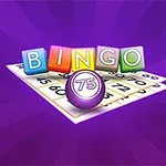 Barevné písmena tvořící slovo BINGO nad hrací kartou s čísly a fialovým míčkem označeným číslem 75 na fialovém pozadí