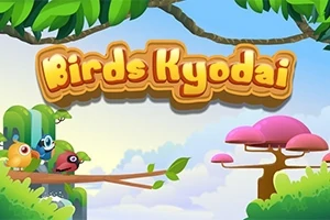 Barevná krajina s kreslenými ptáky na větvi a textem Birds Kyodai v horní části obrázku