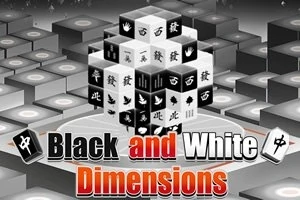 Černobílé kostky s čínskými znaky uspořádané do trojrozměrného tvaru na šachovnicovém pozadí s nápisem Black and White Dimensions