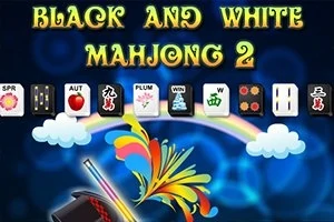 Barevný design s hracími kachlemi na tmavém pozadí a názvem Black and White Mahjong 2