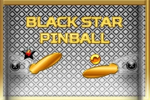 Text BLACK STAR PINBALL na šedém vzorovaném pozadí s dvěma zlatými flippery a míčkem