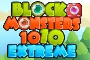 Barevné nápisy Block Monsters 1010 Extreme na pozadí s kreslenými stromy