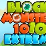 Barevné nápisy Block Monsters 1010 Extreme na pozadí s kreslenými stromy