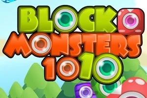 Barevný název Block Monsters 1010 s kresleným pozadím přírody a animovanými prvky
