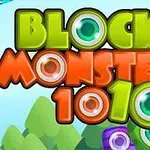 Barevný název Block Monsters 1010 s kresleným pozadím přírody a animovanými prvky