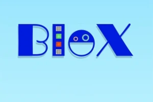 Modré logo s textem Blox na světle modrém pozadí, s písmeny obsahujícími jednoduché geometrické tvary a čtverce