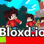 Tři postavičky v kostkovaném stylu na barevných blocích, s nápisem Bloxd