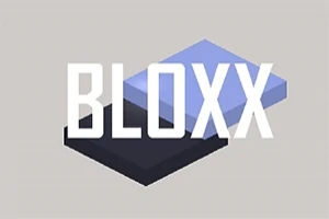 Název BLOXX v bílé barvě přes dvě překrývající se obdélníkové bloky, jeden světle modrý a druhý tmavě modrý, na šedém pozadí
