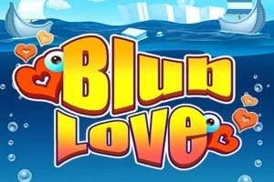 Barevný nápis Blub Love s modrými a oranžovými srdíčky, na pozadí moře s loděmi