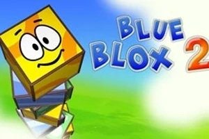 Žlutý kostkový charakter s očima a úsměvem na vrcholu barevné věže na zeleno-modrém pozadí s nápisem Blue Blox 2