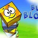 Žlutý kostkový charakter s očima a úsměvem na vrcholu barevné věže na zeleno-modrém pozadí s nápisem Blue Blox 2