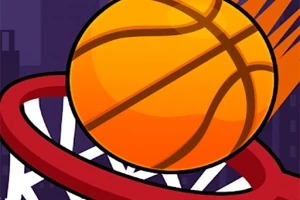 Basketbalový míč prolétávající obroučkou koše s městským panoramatem v pozadí