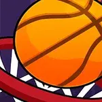 Basketbalový míč prolétávající obroučkou koše s městským panoramatem v pozadí