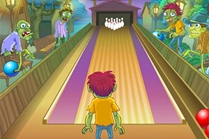 Zombíci s bowlingovými koulemi u dráhy, kde stojí postava zády a v čele jsou kuželky
