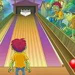 Zombíci s bowlingovými koulemi u dráhy, kde stojí postava zády a v čele jsou kuželky