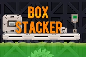 Text Box Stacker na tmavém pozadí s krabicí a ovládacím panelem na dopravníku, pod kterým je zelená tekutina a část viditelné pily