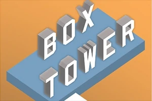 Trojrozměrný text BOX TOWER na modré plošině s oranžovým pozadím