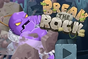 Fialová animovaná postava rozbíjející skálu s nápisem „Break the Rock“ v pozadí