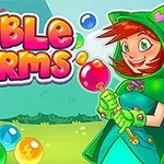 Barevná kreslená postava s červenými vlasy v zeleném oblečení drží bubliny na hravém pozadí s nápisem Bubble Charms
