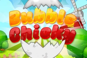 Barevný nápis „Bubble Chicky“ s vejcem a větrným mlýnem na venkovském pozadí