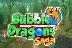 Barevný nápis Bubble Dragons Saga s oranžovým dráčkem na modré bublině, na pozadí lesa